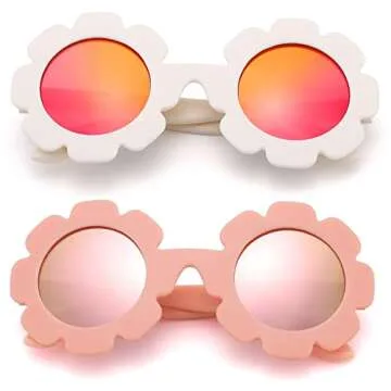 Hycredi Flexible Bendable Flower Baby Polarized Sunglasses with Strap Cute Shades for Newborn Infant Boys Girls Age 0-24 Months-White/Purple Red Mirror+Blue/Orange Red Mirror