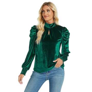 Womens Green Mock Neck Puff Long Sleeve Keyhole Velvet Tops 2024 Fall Winter Christmas New Years Eve...