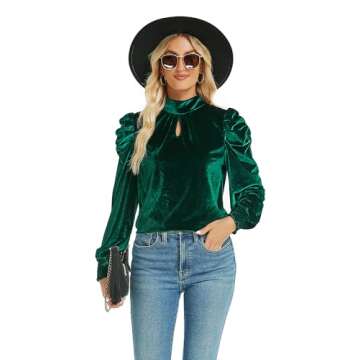 Womens Green Mock Neck Puff Long Sleeve Keyhole Velvet Tops 2024 Fall Winter Christmas New Years Eve Holiday Evening Party Dressy Casual Elegant Shirts Blouse L