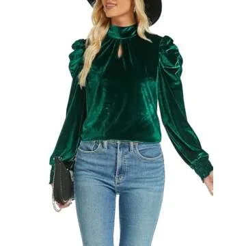 Womens Green Mock Neck Puff Long Sleeve Keyhole Velvet Tops 2024 Fall Winter Christmas New Years Eve Holiday Evening Party Dressy Casual Elegant Shirts Blouse L