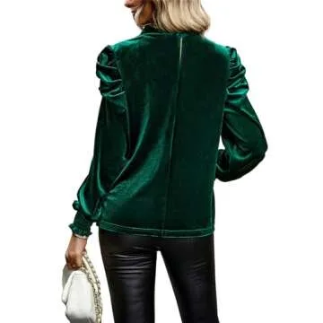 Womens Green Mock Neck Puff Long Sleeve Keyhole Velvet Tops 2024 Fall Winter Christmas New Years Eve Holiday Evening Party Dressy Casual Elegant Shirts Blouse L