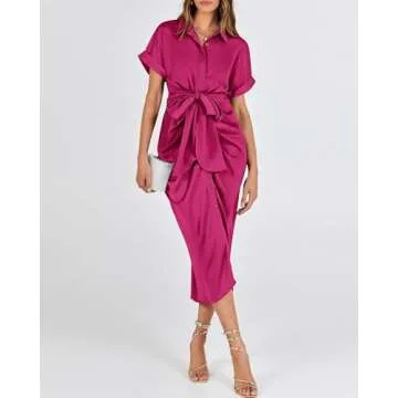 BTFBM Elegant Ruched Satin Shirt Dress for Women