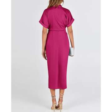 BTFBM Elegant Ruched Satin Shirt Dress for Women