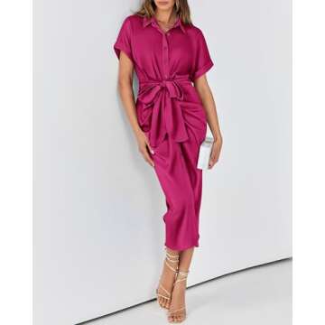 BTFBM Elegant Ruched Satin Shirt Dress for Women