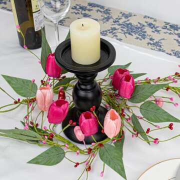 DIYFLORU 5 FT Valentine Garland Valentines Garlands Valentines Day Garlands Pink Floral Garland with Tuilps Heart Berry for Valentine's Day Indoor Wedding Party Stairs Table Fireplace Mantel