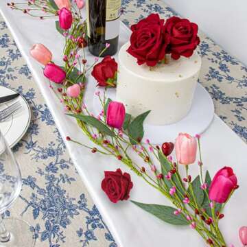 DIYFLORU 5 FT Valentine Garland Valentines Garlands Valentines Day Garlands Pink Floral Garland with Tuilps Heart Berry for Valentine's Day Indoor Wedding Party Stairs Table Fireplace Mantel