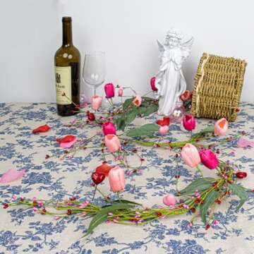 DIYFLORU 5 FT Valentine Garland Valentines Garlands Valentines Day Garlands Pink Floral Garland with Tuilps Heart Berry for Valentine's Day Indoor Wedding Party Stairs Table Fireplace Mantel