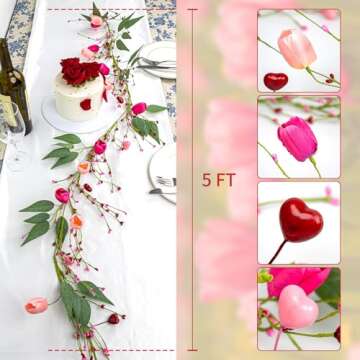 DIYFLORU 5 FT Valentine Garland Valentines Garlands Valentines Day Garlands Pink Floral Garland with Tuilps Heart Berry for Valentine's Day Indoor Wedding Party Stairs Table Fireplace Mantel