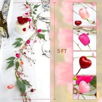 DIYFLORU 5 FT Valentine Garland Valentines Garlands Valentines Day Garlands Pink Floral Garland with Tuilps Heart Berry for Valentine's Day Indoor Wedding Party Stairs Table Fireplace Mantel