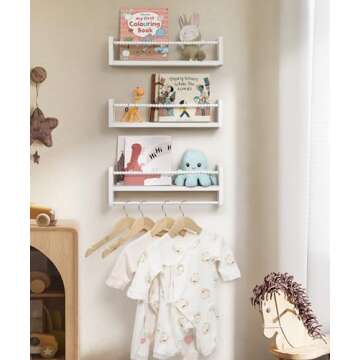 Mazjoaru Nursery Book Shelves for Wall Set of 3, White Natural Wood Bookshelf Wall Decor, Small Floating Shelf Organizer for Kids Room, Bedroom, Kitchen Spice Rack