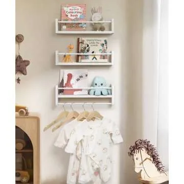 Mazjoaru Nursery Book Shelves for Wall Set of 3, White Natural Wood Bookshelf Wall Decor, Small Floating Shelf Organizer for Kids Room, Bedroom, Kitchen Spice Rack