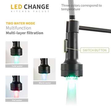 AIMADI Kitchen Faucet with Sprayer, Modern Single Handle Pull Down Sprayer Spring Matte Black Kitchen Sink Faucet with LED Light