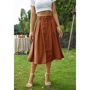 HERBATOMIA Midi Pleated Skirt High Elastic Waist Brown A-line Button Front Casual Flared Long Skirts...