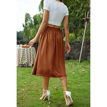 HERBATOMIA Midi Pleated Skirt High Elastic Waist Brown A-line Button Front Casual Flared Long Skirts with Pocket for Women