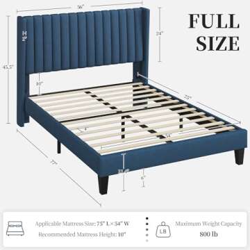 Yaheetech Full Size Bed Frame, Upholstered Platform Bed with Wing Edge Headboard, Square Tufted Fabric/Mattress Foundation/Wooden Slats Support/No Box Spring Needed/Easy Assembly/Navy Blue