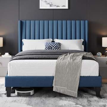 Yaheetech Full Size Bed Frame, Upholstered Platform Bed with Wing Edge Headboard, Square Tufted Fabric/Mattress Foundation/Wooden Slats Support/No Box Spring Needed/Easy Assembly/Navy Blue