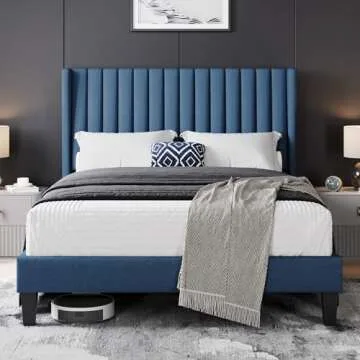 Yaheetech Full Size Bed Frame, Upholstered Platform Bed with Wing Edge Headboard, Square Tufted Fabric/Mattress Foundation/Wooden Slats Support/No Box Spring Needed/Easy Assembly/Navy Blue