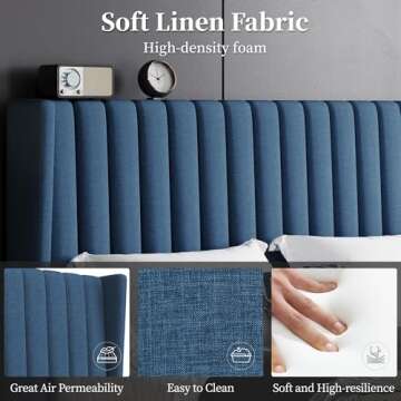 Yaheetech Full Size Bed Frame, Upholstered Platform Bed with Wing Edge Headboard, Square Tufted Fabric/Mattress Foundation/Wooden Slats Support/No Box Spring Needed/Easy Assembly/Navy Blue