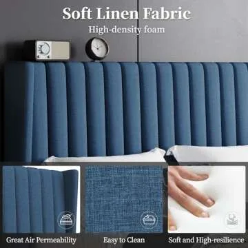 Yaheetech Full Size Bed Frame, Upholstered Platform Bed with Wing Edge Headboard, Square Tufted Fabric/Mattress Foundation/Wooden Slats Support/No Box Spring Needed/Easy Assembly/Navy Blue