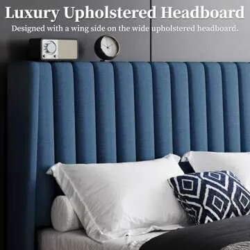 Yaheetech Full Size Bed Frame, Upholstered Platform Bed with Wing Edge Headboard, Square Tufted Fabric/Mattress Foundation/Wooden Slats Support/No Box Spring Needed/Easy Assembly/Navy Blue