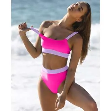 ZINPRETTY Women High Waisted Bikini Sets Color Block Swimsuits 2 Piece Bathing Suits Tummy Control Sporty Teens