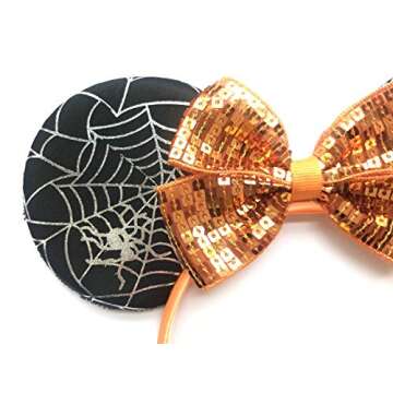 A Miaow Black Mouse Ears Headband MM Glitter Hair Hoop Women Adults Butterfly Sequin Costum Hair Clasp Halloween Party Holiday Park Accessory (Net Black and Orange)
