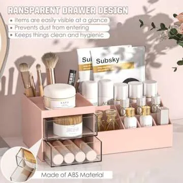 Subsky Makeup Organizer with Drawers, Easy Storage for Lipstick Brushes Eyeshadow Nail Polish, Multifunction Desk Organizer, Cosmetics Organizer for Countertop Dresser Vanity and Bathroom (Pink)