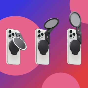 JOBY Beamo Ring Light, Compatible with iPhone with MagSafe, Magnetic LED, Usable with Any Smartphone with The Included Sticky Ring, Light for Phones, Color Gray