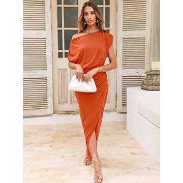ANRABESS Womens Off The Shoulder Solid Color Business Pencil Dress Wedding Guest Dress Office Work Dresses A880-chenghong-L, Orange Red