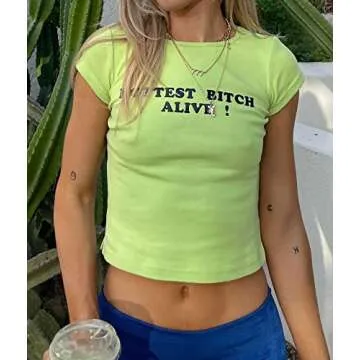 Meladyan Women Cute Letter Print Short Sleeve Crop Tee Shirt Top Crewneck Slim Fit T-Shrits 90s Egirls Streetwear Green