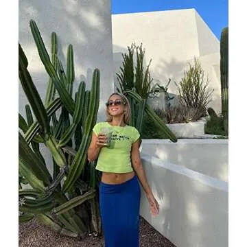 Meladyan Women Cute Letter Print Short Sleeve Crop Tee Shirt Top Crewneck Slim Fit T-Shrits 90s Egirls Streetwear Green