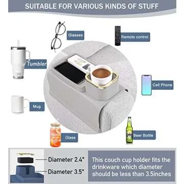 HMASYO Couch Cup Holder Tray - Silicone Sofa Armrest Table Couch Drink Holder and Tray Organizer for Remote Snacks Cellphone, Anti-Spill Anti-Slip Design, Mother`s Day Gifts for Mom Grandma