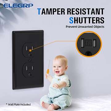 ELEGRP Tamper-Resistant Duplex Receptacle, 15A 125V Standard Electrical Duplex Wall Outlet, 2 Pole 3 Wire, 5-15R, Self-Grounding, Residential Grade, w/Wall Plate, UL Listed (Glossy Black, 10 Pack)