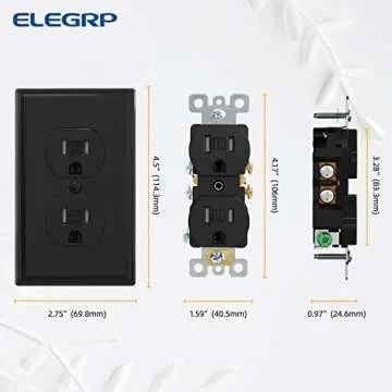 ELEGRP Tamper-Resistant Duplex Receptacle, 15A 125V Standard Electrical Duplex Wall Outlet, 2 Pole 3 Wire, 5-15R, Self-Grounding, Residential Grade, w/Wall Plate, UL Listed (Glossy Black, 10 Pack)