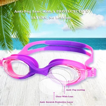 Kids Swim Goggles 2 Pack for Ages 3-15 - Anti Fog