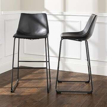 Walker Edison Douglas Urban Industrial Faux Leather Armless Bar Chairs, Set of 2, Black