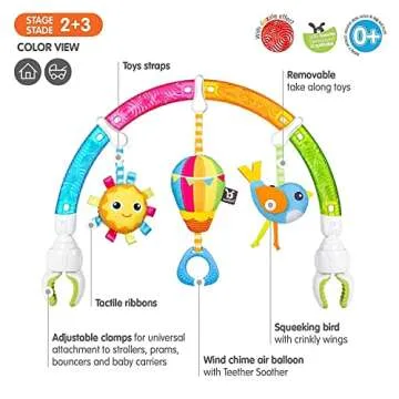 BENBAT Baby Stroller Arch Toy Rainbow Dazzle Friends Play Bar. Fun Newborns Sensory Activity, Adjustable for Bouncers and Car Seat.