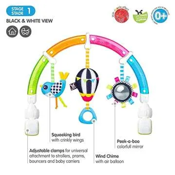 BENBAT Baby Stroller Arch Toy Rainbow Dazzle Friends Play Bar. Fun Newborns Sensory Activity, Adjustable for Bouncers and Car Seat.
