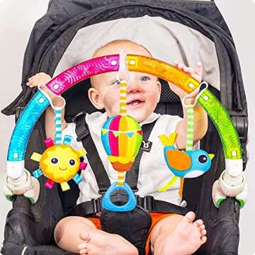 BENBAT Baby Stroller Arch Toy Rainbow Dazzle Friends Play Bar. Fun Newborns Sensory Activity, Adjustable for Bouncers and Car Seat.