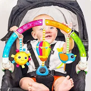 BENBAT Baby Stroller Arch Toy Rainbow Dazzle Friends Play Bar. Fun Newborns Sensory Activity, Adjustable for Bouncers and Car Seat.