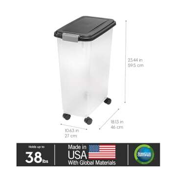 IRIS USA Airtight Dog Food Storage Container, Up to 38 lbs, Attachable Wheels, For Dog Cat Bird and Other Pet Food Storage Bin, Keep Fresh, Translucent Body, Easy Mobility, Black