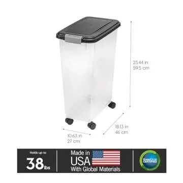 IRIS USA Airtight Dog Food Storage Container, Up to 38 lbs, Attachable Wheels, For Dog Cat Bird and Other Pet Food Storage Bin, Keep Fresh, Translucent Body, Easy Mobility, Black