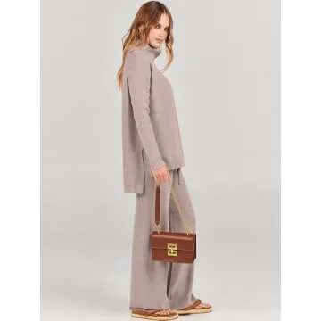 ANRABESS Women Two Piece Outfits Oversized Turtleneck Knit Pullover Sweater Top Wide Leg Pants Lounge Set Sweatsuit 2025 Fall Camel Medium