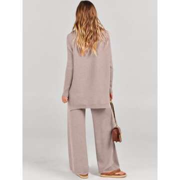 ANRABESS Women Two Piece Outfits Oversized Turtleneck Knit Pullover Sweater Top Wide Leg Pants Lounge Set Sweatsuit 2025 Fall Camel Medium