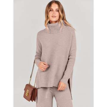 ANRABESS Women Two Piece Outfits Oversized Turtleneck Knit Pullover Sweater Top Wide Leg Pants Lounge Set Sweatsuit 2025 Fall Camel Medium