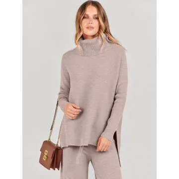 ANRABESS Women Two Piece Outfits Oversized Turtleneck Knit Pullover Sweater Top Wide Leg Pants Lounge Set Sweatsuit 2025 Fall Camel Medium