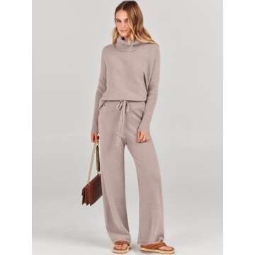 ANRABESS Women Two Piece Outfits Oversized Turtleneck Knit Pullover Sweater Top Wide Leg Pants Lounge Set Sweatsuit 2025 Fall Camel Medium