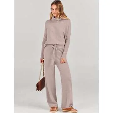 ANRABESS Women Two Piece Outfits Oversized Turtleneck Knit Pullover Sweater Top Wide Leg Pants Lounge Set Sweatsuit 2025 Fall Camel Medium