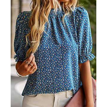 BTFBM Women's Summer Boho Shirt Top Ruffle Short Sleeve Frill Trim Mock Neck Floral Solid 2025 Casua...
