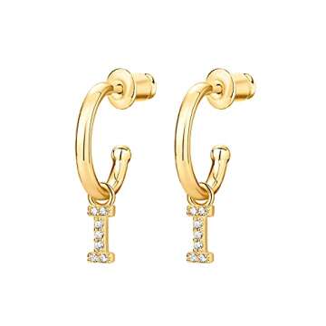 PAVOI 14K Yellow Gold Plated 925 Sterling Silver Post Huggie Earrings with Initial Dangle - CZ Initial Huggie Hoop Earrings - Women's Cubic Zirconia I Initial Huggies